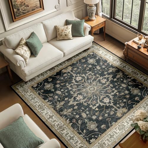 RELEANY Washable Area Rug, Square 6'x6', Black/Vintage/Beige by RELEANY