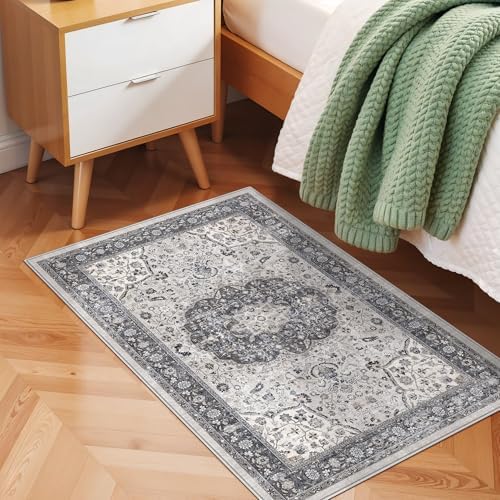 Washable 2x3 Entryway Area Rug: Vintage Soft Thin Door Mat with Non Slip Backing Water Resistant Carpet for Bedroom Low Pile Floor Mat for Kitchen Bathroom Laundry Easy Clean Rug for Family(2x3,Grey) - Image 3