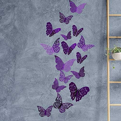 Bememo 72 Pcs 3D Butterfly Wall Decals, 3 Sizes,Purple | Metallic Hollow Design for Bedroom Living Room, Removable Adhesive Wall Decor, Easy Peel Stick Party Decoration Stickers - Image 6