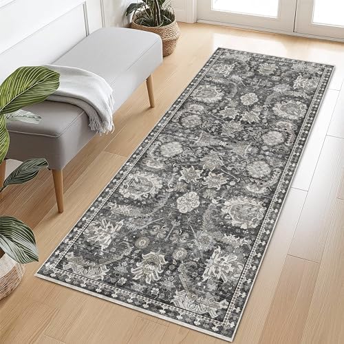 RUGSURE Washable Area Rugs - Perfect for Living Room, Bedroom, Kids Room, Nursery - Stain & Water Resistant Non-Slip, Pet & Child Friendly, Vintage Tribal Area Rugs (Grey, 2'6'' x 8') by RUGSURE