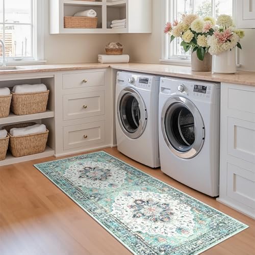 RELEANY Washable Area Rug, Runner 2'x5', Teal Green/White/Navy - Image 3