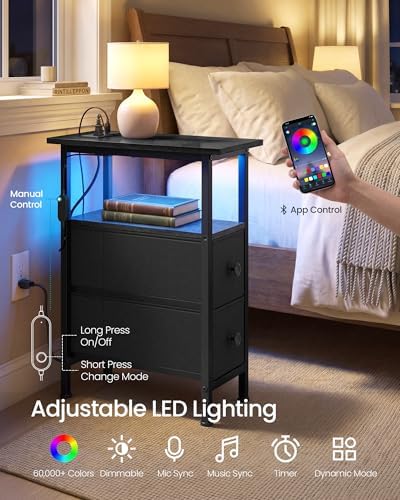 SONGMICS Side Table with LED Light, Narrow End Table with 2 Fabric Drawers - Image 6