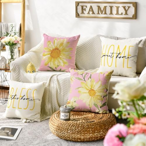 AVOIN colorlife Home Sweet Home Spring Summer Flowers Pink Throw Pillow Covers, 16 x 16 Inch White Cushion Case for Sofa Couch Set of 4 - Image 2