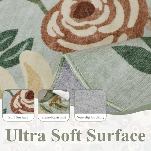 DUKINO 2.6x8 Runner Rug, Floral Washable Kitchens Rug Non Slip, Sage Green - Image 6