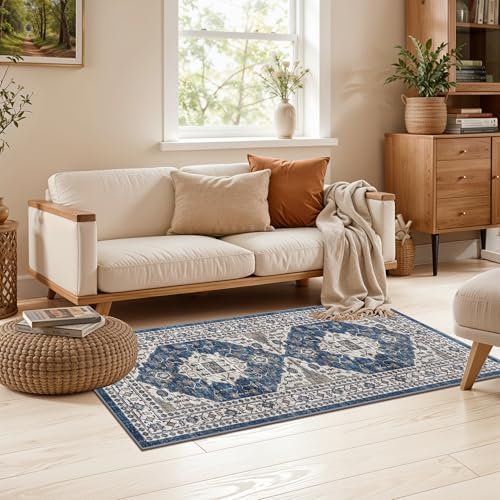 2x4 Non-Slip Entryway Area Rugs: Washable Stain Resistant Kitchen Carpet Printed Doormat Soft Low Pile Nursery Rug Vintage Small Floor Mat for Hardwood Bedroom Cozy Home Decor fot Family(2x4,Blue) - Image 2