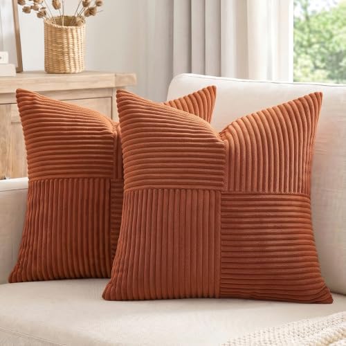Fancy Homi 2 Packs Rust Decorative Throw Pillow Covers 20x20 Inch for Living Room Couch, Rustic Farmhouse Boho Home Decor, Soft Corss Corduroy Patchwork Accent Terracotta Square Cushion Case 50x50 cm by Fancy+Homi