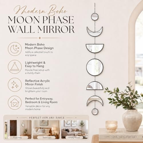 7 Pcs Moon Phase Wall Decor, Acrylic Mirror with Wooden Backboard, Boho Hanging Moon Cycle Wall Art for Bedroom Living Room Home Decor - Image 5