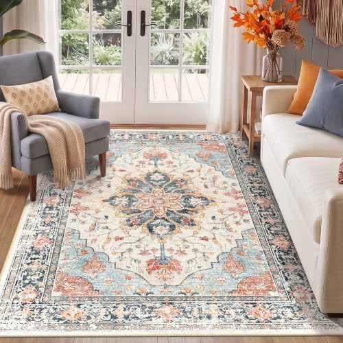 RELEANY Washable Area Rug, 5'x7', Beige/Blue/Orange by RELEANY