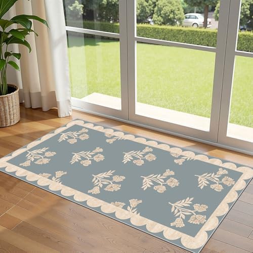 Front Door Mat Indoor Entrance - 2x4.3 Ft Floral Washable Layered Doormat Outdoor Entrance Porch Rug Non-Slip Blue Retro Farmhouse Runner Rug for Kitchen Bedroom Laundry Room Porch Decor by Othilic