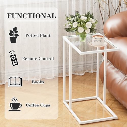 Easy Paws Small C Shaped Table for Sofa,Glass Couch Sofa Tray Snack Table for Living Room, Bedroom,TV Tray Table for Small Space,Accent Coffee Table,Nightstand with Metal Frame(White) - Image 4