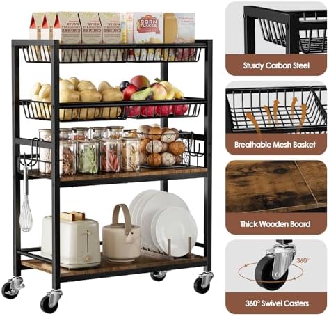Fruit Vegetable Storage Cart, 4 Detachable Basket - Image 6