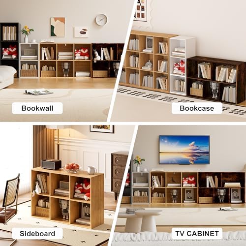 Book Shelf, Wooden Cube Storage Organizer with 11" Open Cubes, Stackable Modular Bookcase for Room Divider Storage, 2 Tier Bookshelf for Living Room, Bedroom, Office (Oak, 5-Cube) - Image 7