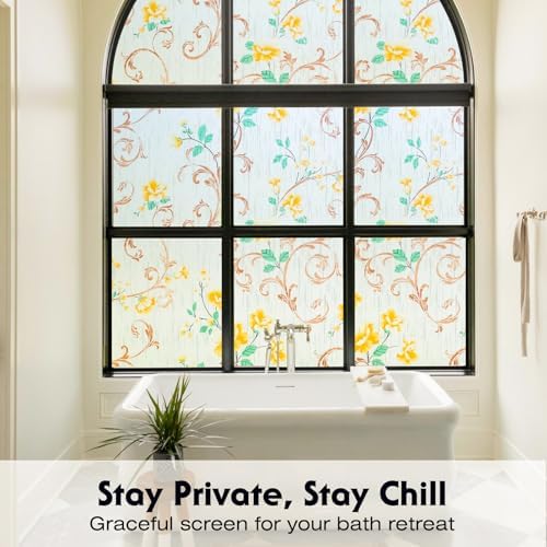 Volcanics Stained Glass Window Film, Frosted Glass Window Privacy Film, Decorative Window Clings, Floral Design Static Cling Sun Blocking Tint for Bathroom, 17.5 x 78.7 Inch - Image 2
