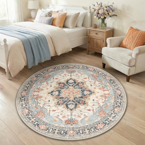 RELEANY Washable Area Rug, Round 4ft, Beige/Blue/Orange by RELEANY