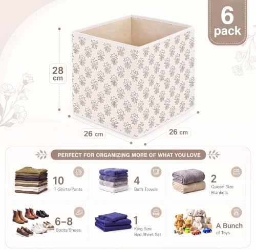 Bokon 6 Pcs 11'' Block Print Storage Bins Cube Beige Floral Storage Basket - Image 2