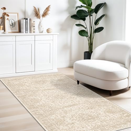 3x6 Washable Entryway Runner Rug – Non-Slip Wide Carpet Runner for Kitchen Hallway Bathroom, Neutral Vintage Distressed Low Pile Indoor Door Mat (Ivory Beige) - Image 3