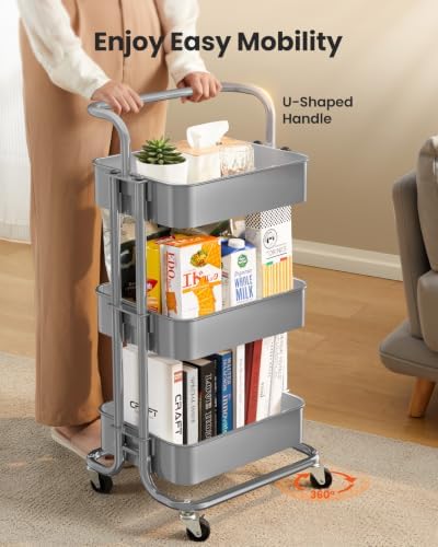 Pipishell Metal 3 Tier Rolling Cart with Handle & 2 Lockable Wheels, Gray - Image 3