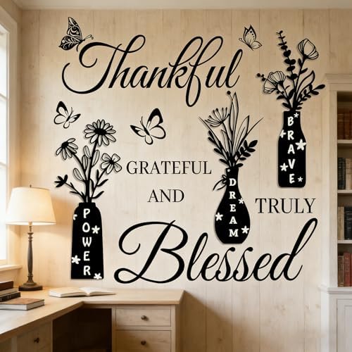 Thankful Grateful Blessed Wall Decal - Inspirational Quote with Floral Vase & Butterfly Stickers, Power Dream Brave Vinyl Wall Art for Living Room, Bedroom, Kitchen, Farmhouse Home Decor - Image 5