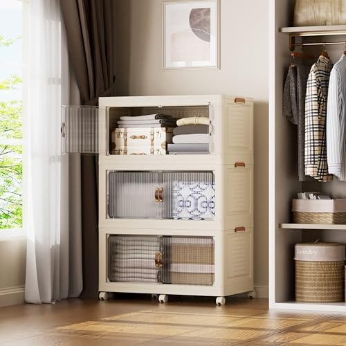 SAILUN 579Qt Stackable Storage Bins,Storage Cabinet with a Lid,3 Pack Cream by SAILUN