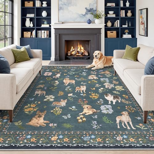 Soalmost Dog 9x12 Area Rugs for Living Room, Washable Soft Rug Navy Blue by Soalmost