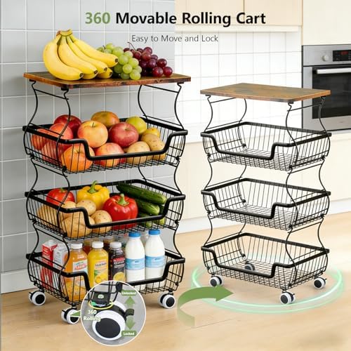 Kitchen Storage Cart on Wheels, 4 Tier Rolling Stackable Pantry Floor Organizer, Kitchen Fruit Basket Stand for Home Removable Metal Vegetable Rack Wire Snack Cart - Image 4