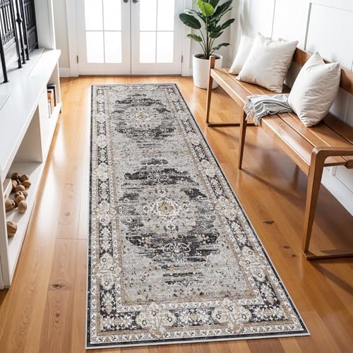 3x8 Washable Hallway Runner Rug - Non-Slip Vintage Kitchen Rugs Black Gray - Image 2