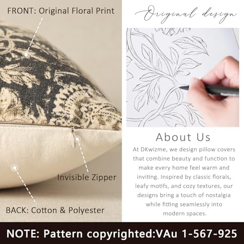 Vintage Floral Print Throw Pillow Covers 26x26 Set of 2 Neutral Modern Farmhouse Accent Decorative Cushion Covers Boho Home Decor for Couch Sofa Chair Bed Living Room, Black - Image 3