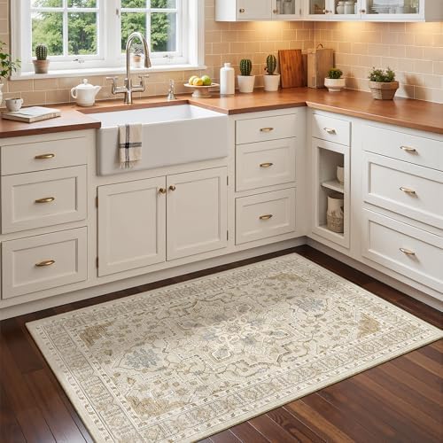 Madane Washable Area Rug 2x3 Small Entryway Rugs Non-Slip, Beige/Blue - Image 4