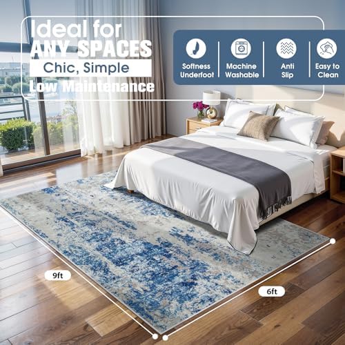 6x9 Area Rugs for Living Room Washable Bedroom Dining Room Blue Grey White - Image 2