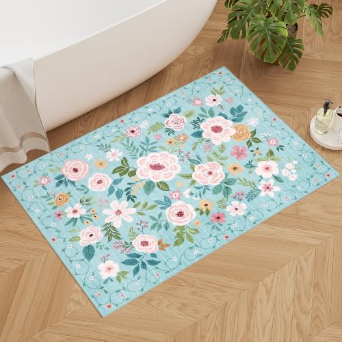 DUKINO 2x3 Entryway Rug, Floral Door Mat Soft Washable Rug Non Slip, Teal - Image 3