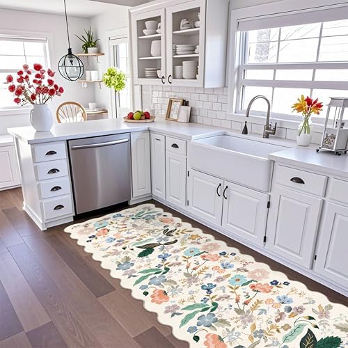 3x10 Washable Hallway Runner Rug: Long Floral Scalloped Soft Runners for Kitchen Entryway Non Slip Bathroom Nursery Floor Mat 10ft Water Resistant Low Pile Carpet for Living Room Bedroom(3x10,Cream) - Image 3