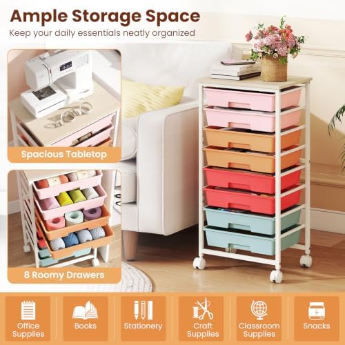Giantex 8 Drawers Rolling Cart with Wheels, Wood Top, Sturdy Frame - Image 6