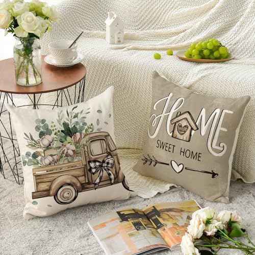 AVOIN colorlife Bless Our Home Farmhouse Eucalyptus Leaves Throw Pillow Covers, 18 x 18 Inch Truck Home Sweet Home Cushion Case Decorations Set of 4 - Image 4