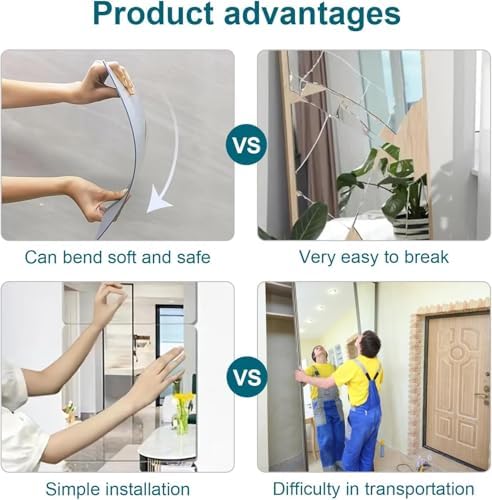 14x12 Inch Wall Mirror 4 Pack, Acrylic Self Adhesive Mirrors for Wall, Safety Stick-On Full Length Mirror Tiles - Image 5