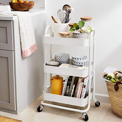 Amazon Basics 3-Tier Rolling Utility Cart, Storage Organizer, Lockable Wheels, Multifunctional Storage, Portable Mobile Shelving Unit, White - Image 6