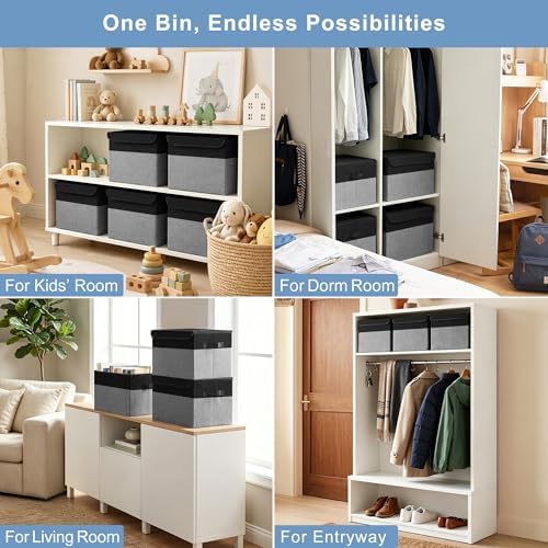 Bagnizer Large 22 Quart Linen Fabric Foldable Storage Bin Cube Organizer Basket with Flip-Top Lid & Handles, Clothes Blanket Box for Home, Office, Closet, Black & Gray, 4 Pack 14.6 x 9.5 x 9.5 - Image 4