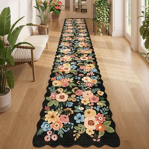 DUKINO 2x12 Washable Runner Rug, Floral Long Runner Rug for Hallway, Black by DUKINO