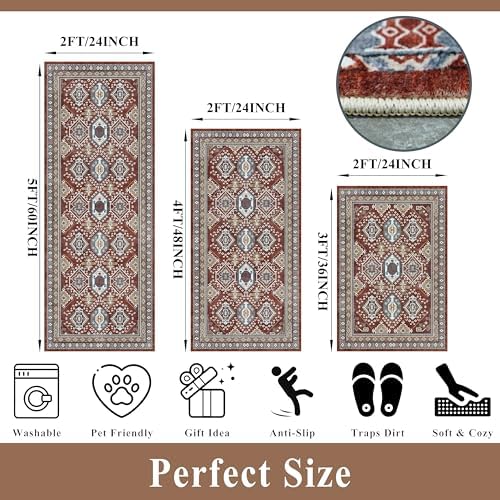 Washable Non-Slip Kitchen Rugs Set of 3 – Boho Soft Mats and Runner for Bathroom, Entryway, Hallway Room – Stain-Resistant Low-Pile Indoor Carpet (Red, 2x3+2x4+2x5) - Image 2