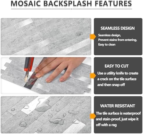 STICKGOO 20 Sheets Peel and Stick Backsplash Tile, Stick on Backsplash for Kitchen and Bathroom, Grey Marble Look PVC Mixed Metal Silver Self Adhesive Wall Tiles - Image 4