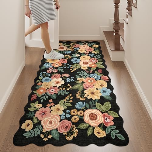 DUKINO 2x5 Washable Runner Rug, Floral Non Slip Rug for Kitchen, Black - Image 4
