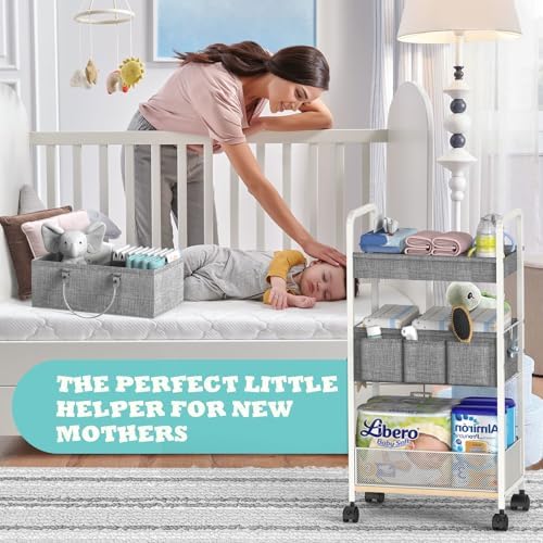 2In1 Baby Diaper Caddy & 3-Tier Rolling Diaper Cart, Diaper Caddy Organizer Cart with Dividers, Metal Detachable Bedside Cart for Baby Nursery Essentials, Large Capacity, Easy to Assemble, White - Image 4