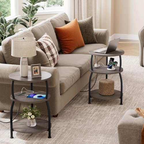 Round Side Table with Power Outlet, USB Type C Port, 3-Tier End Table - Image 7