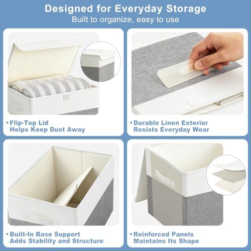 Bagnizer Large 17" 42 Quarts Collapsible Stackable Storage Bins with Lids [3-Pack] Foldable Fabric Linen Storage Boxes Cube, Closet Organizer Baskets with Label (16.7 x 12 x 12, Gray & White) - Image 6