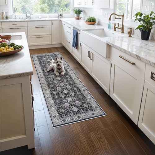 Hallway 2x5 Washable Runner Rug: Oriental Stain Resistant Kitchen Entryway Rugs Farmhouse Ultra Soft Bathroom Bedroom Print Floor Mat Thin Non Slip Indoor Carpet for Living Room Laudry(2X5,Black) by HYHAOYUNLAI