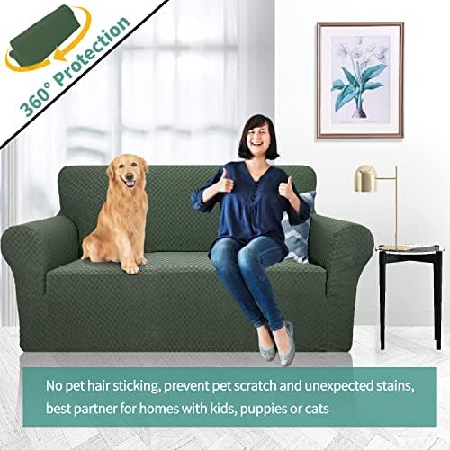 YEMYHOM Couch Cover Latest Jacquard Design High Stretch Sofa Covers for 2 Cushion Couch, Pet Dog Cat Proof Loveseat Slipcover Non Slip Magic Elastic Furniture Protector (Loveseat, Army Green) - Image 2