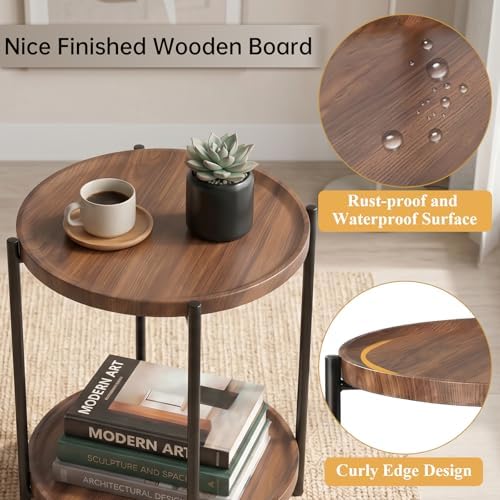 TeoKJ 2 Tier Small Side Table, Folding Round Metal End Table with Two Removable Wooden Tray, No Assembly Nightstand for Bedroom Living Room Bedside Round Bedside Table for Small Spaces, Walnut - Image 7