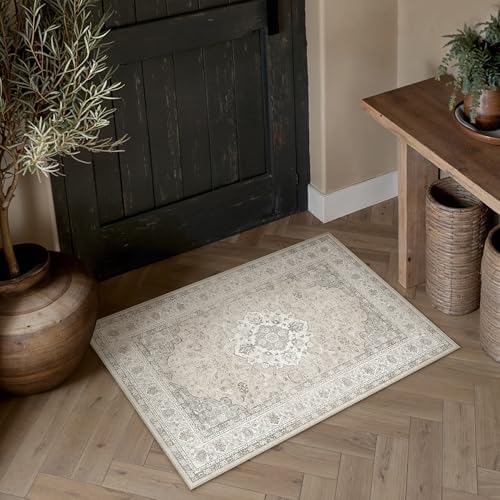 2x3 Washable Area Rug Beige Brown Non Slip Vintage Carpet by WondRg