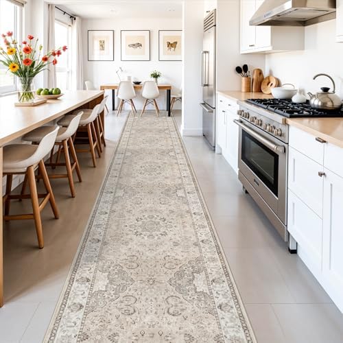 Washable Hallway 3x18 Runner Rug: Vintage Ultra Soft Non Slip Runner for Kitchen Entrance Indoor Farmhouse Long Carpet for Living Room Bathroom Low Pile Floor Mat for Bedroom Dining Room (3X18, Beige) by HYHAOYUNLAI