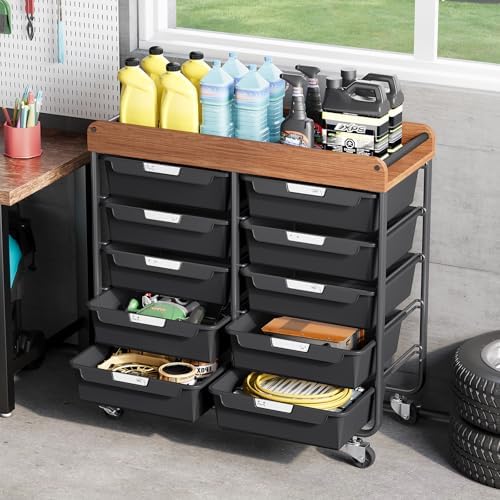 10 Drawers Rolling Cart with Wooden Tabletop, Utility Storage Cart with Wheels, Art Supply Craft Organizer on Wheel with Metal Frame & Handles for Home Office School,Black - Image 2