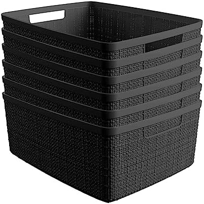 Curver Set of 6 Medium 12L Jute Decorative Plastic Organization and Storage Baskets - Perfect Bins for Home Office, Closet Shelves, Kitchen Pantry and All Bedroom Essentials, Black by Unknown